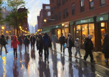 North end of Boston touristy street, contemporary shops electric lights and people in modern clothing walking about, painting by classipeint, present day shopper pedestrians in Boston, wet street warm glow of electric lights from shops in Boston brick buildings, extra large painting with minute details, long shadows, contemporary present-day