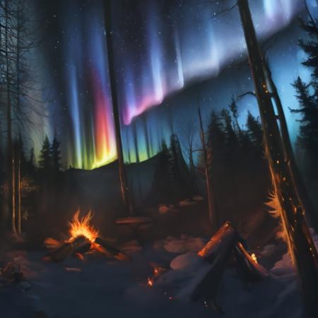 an oil painting,Highly saturated, with bright tones
Wild, dark, starry sky, aurora borealis, campfire, snow, snowy, woods