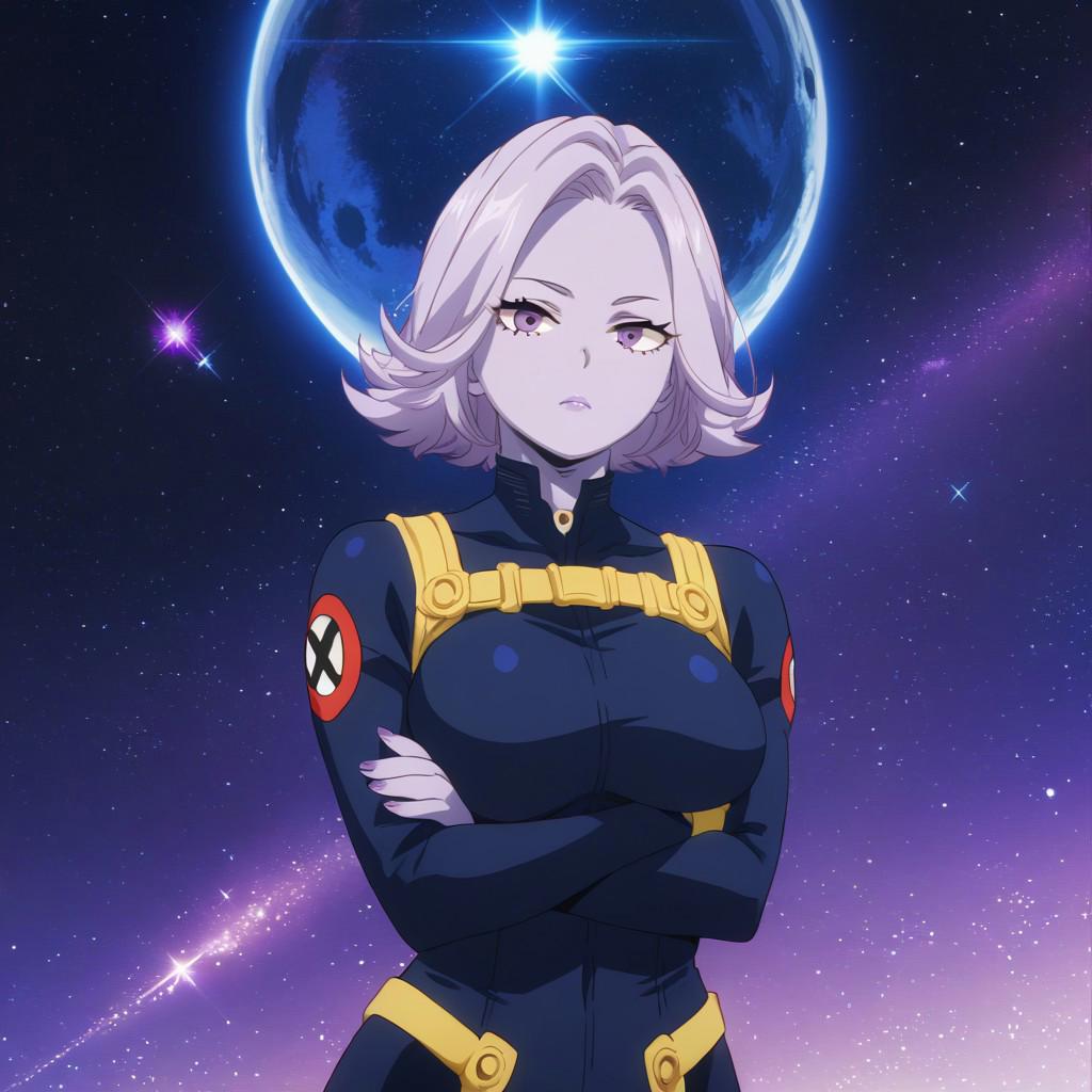 score_9, score_8_up, score_7_up, source_anime, cowboy shot, solo, 1girl, purple skin, purple hair, bright purple eyes, arms crossed, X-Men blue and yellow super suit, space background, masterpiece, detailed, Expressiveh