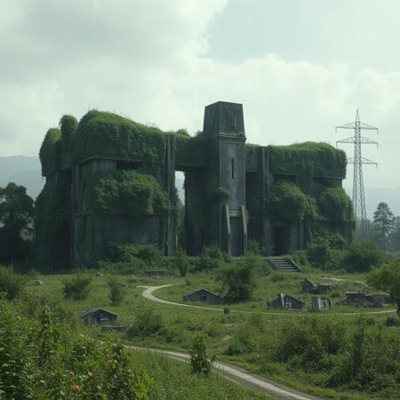 An ancient monolithic structure sits inactive and overgrown after millennia of inactivity. The ruins of infrastructure, pylons without cables, buried roads, remnants of derelict buildings dot the landscape, overgrown and desolate. The landscape around it is covered in alien wildlife and flora.