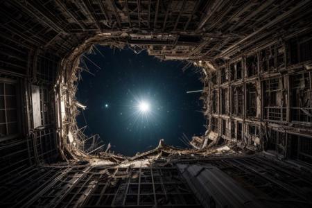 A spaceship flies through space, arriving at the scene of a finished battle, surrounded by the wreckage of destroyed spacecraft, view from below, suspenseful atmosphere, ultra realistic, hyper detailed, sci-fy, cinematic lighting, highlights, gritty atmosphere, RAW, (realistic photo, best quality, detailed), (8k wallpaper), (cinematic lighting, dramatic lighting), (sharp focus, intricate), zzspczz