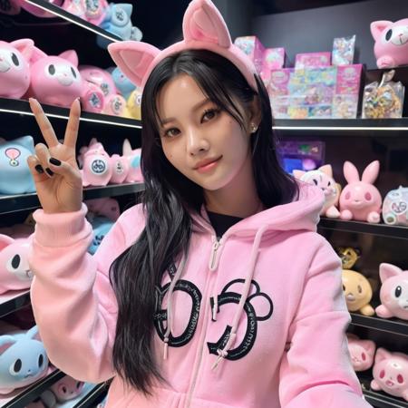 (soyeon:1.3), a woman wearing a jigglypuff onesie in a toy store and doing a peace sign with her fingers, gothic makeup, smiling, beautiful model body, wallpaper, intricate, sharp focus, ray tracing, rtx, well drawn, masterpiece, ultra detailed, high quality, top quality, best quality, 4k, 8k, raw,<lora:soyeon_v10:0.6>, <lora:add-detail-xl:4>