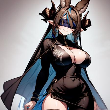 1girl, solo, long hair, breasts,
smile, bangs, large breasts, simple background, brown hair,
thighhighs, long sleeves, dress, animal ears, cleavage, closed mouth,
blue hair, multicolored hair, horns, pointy ears, grey background, black dress,whole body,
streaked hair, clothing cutout, v, facing viewer, extra ears, blindfold, double vdefined curves,nice hands, perfect hands,blurry background, 
 <lora:galleongbf:0.9> <lora:add_detail:0.4>This self-assured mature woman radiates a commanding and magnetic presence. Her posture is upright and her gaze, intense, reveals a confidence rooted within her. Her dark, lustrous hair frames her face with an aura of authority and determination.
Her eyes, with a penetrating and sure tone, scrutinize her surroundings with an acuteness that does not go unnoticed. Every movement of hers is full of purpose, and her facial expression shows a slight smile, as if she knows something that others have yet to discover.
She dresses with elegance and sophistication, choosing garments that enhance her figure and accentuate her power. Every gesture of hers is deliberate, from the way she crosses her arms to the way she holds her chin up. Her voice is firm and her speech clear and convincing, making it clear that she is a leader in control of the situation.
This confident mature woman is not afraid to occupy her space and claim her position. Her magnetic presence and commanding attitude make her the center of attention wherever she goes, and her confidence is an inspiration to those seeking strength and determination.