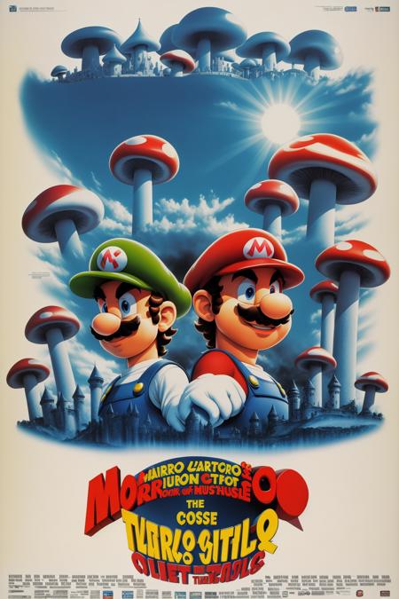 80s movie poster, Mario and Luigi, Mushroom castle background<lora:80s Movie Poster Style:1>