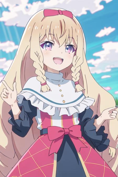 best quality, masterpiece, highres, solo, {noire_foschurose_kumakumakumabear:1.15}, blonde_hair, long_hair, braid, bow, hair_bow, bangs, twin_braids, purple_eyes, smile, blush, open_mouth, 1girl, blue_sky, capelet, cloud, day, dress, long_sleeves, outdoors, red_bow, sky, very_long_hair, white_capelet, upper_body, frills, hair_between_eyes, red_dress