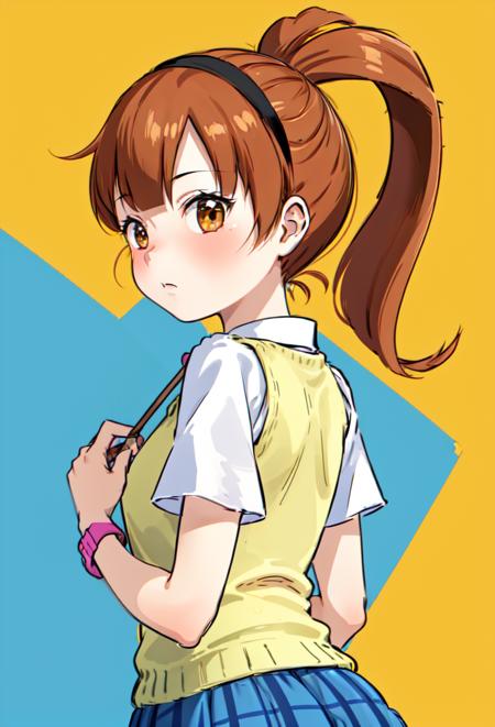 marin brown hair, brown eyes, ponytail aqua hair, aqua eyes, ponytail yellow sweater vest, hairband, skirt black sweater vest, hairband, orange skirt, orange ribbon marimba