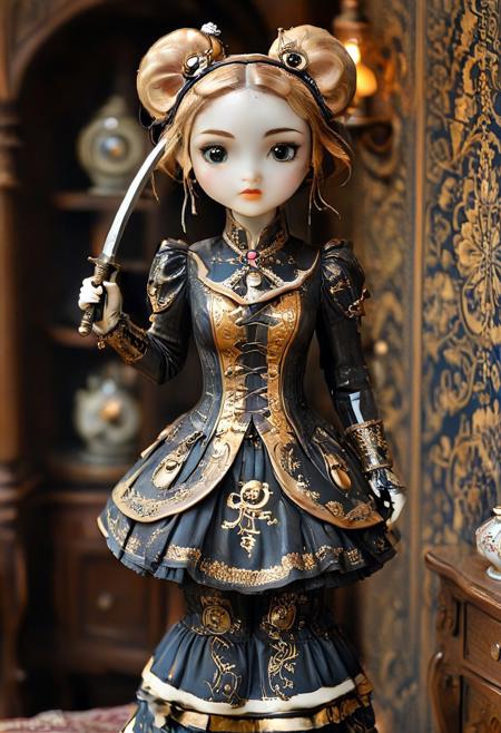 score_9, score_8_up, score_7_up, score_6_up, cartoon, ,CreepyCuteMagical , 
ceramic porcelain anthro automaton girl, mechanical joints  wearing   gold and bronze stempunk dress, holding ceramic katana, 
victorian bedroom background,
, dark theme,