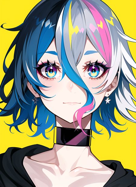 lam \(ramdayo\), 1girl, black choker, blue eyes, blue hair, choker, covered mouth, eyebrows hidden by hair, grey hair, hair between eyes, hood, hood down, liquid hair, looking at viewer, multicolored eyes, multicolored hair, pink eyes, pink hair, portrait, simple background, solo, yellow background, ((masterpiece)) <lora:lam__ramdayo__offset:1>