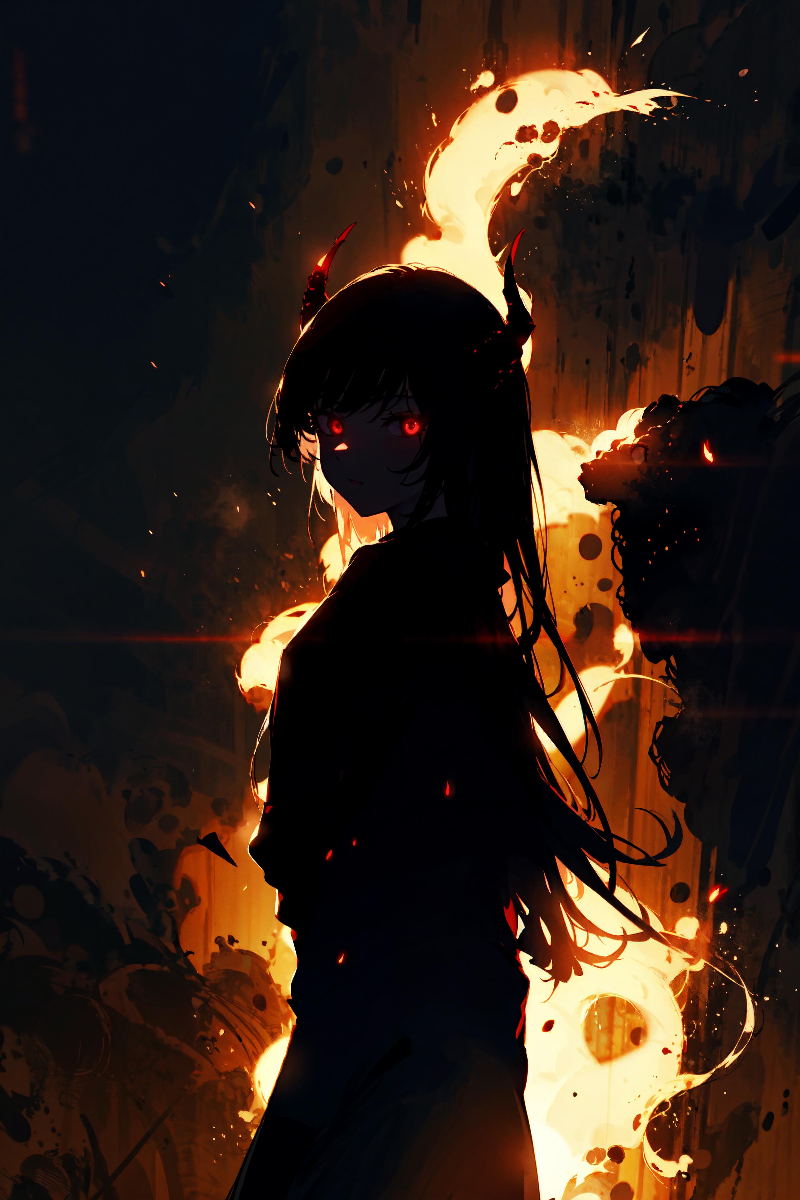 A girl with red eyes standing in front of a fire.