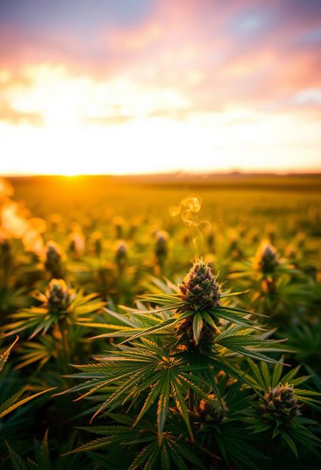 vibrant cannabis field, (lush green leaves:1.4), (sunset glow:1.2) casting warm light over the plants, (detailed textures:1.5), smoke swirling softly in the air, (cannabis buds:1.3) glistening with trichomes, peaceful and serene atmosphere, (natural light:1.4), wide field stretching into the distance, (colorful sky:1.2) with shades of pink and orange, (high-definition:1.6), (ultra-realistic textures:1.5), close-up details of cannabis plants, (soft focus in the background:1.2), modern, laid-back aesthetic, perfect for a cannabis culture feature, chill and relaxed vibe, (overexposed:-1.4), (unnatural colors:-1.5), (blurry:-1.6), (low-resolution:-1.7), (harsh lighting:-1.5), (distorted textures:-1.6)