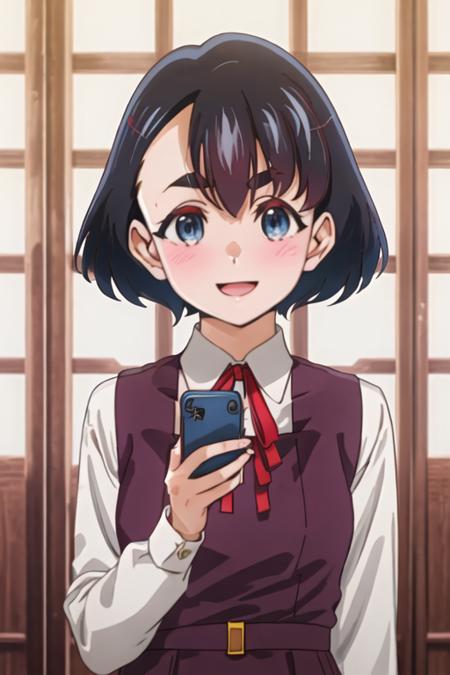 best quality, masterpiece, highres, solo, {koganeikoito_edomaeelf:1.15}, short_hair, black_hair, blush, blue_eyes, ribbon, neck_ribbon, blue_hair, 1girl, cellphone, holding, holding_phone, phone, red_ribbon, school_uniform, shirt, smartphone, smile, white_shirt, bangs, thick_eyebrows, upper_body, long_sleeves, vest, :d, closed_mouth, open_mouth