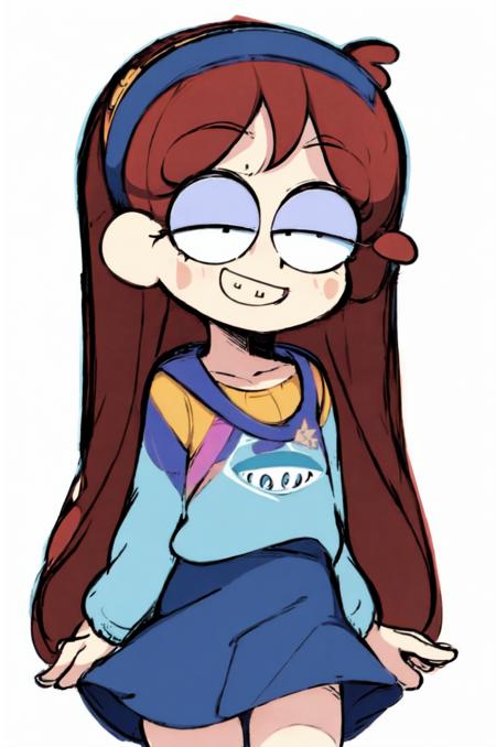 <lora:Mabel_Pines_V0.3:1> mabelpines, dot eyes, sweter, skirt, star print, smile, braces, long hair, hairband, simple background