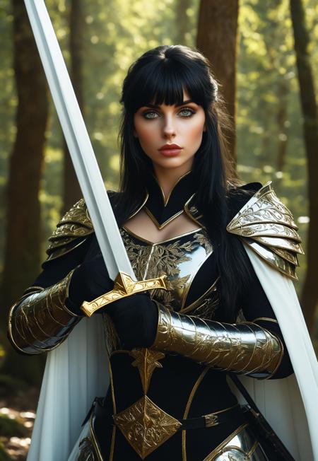 safe_pos, score_7_up, 1girl, portrait, beautiful, black hair, long hair, bangs, fair skin, big natural breasts, lips parted, black armor, armor, gold details, sword, forest, dappled sunlight, looking at viewer, white cape, Expressive, beautiful face, black lipstick, gold eye shadow, beautiful eyes, gold jewelry, (portrait, upper body:1.85)
Background: A lush, enchanted forest with towering ancient trees and vibrant foliage. 
 (8k uhd:1,4)
 <lora:add-detail-xl:1>
 <lora:Dynamic Poses:1>
((((full-clothed)))),
<lora:DandonFuga_Style_v.2_-_Pony:0.8>