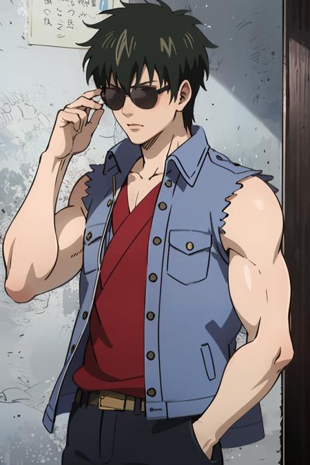 masterpiece,high quality,highres,solo,1boy,<lora:Hijikata-v4-wasabiya:1>,hijikata,male focus,neet,denim jacket,red shirt,black pants,black sunglasses,sleeveless,torn sleeves,