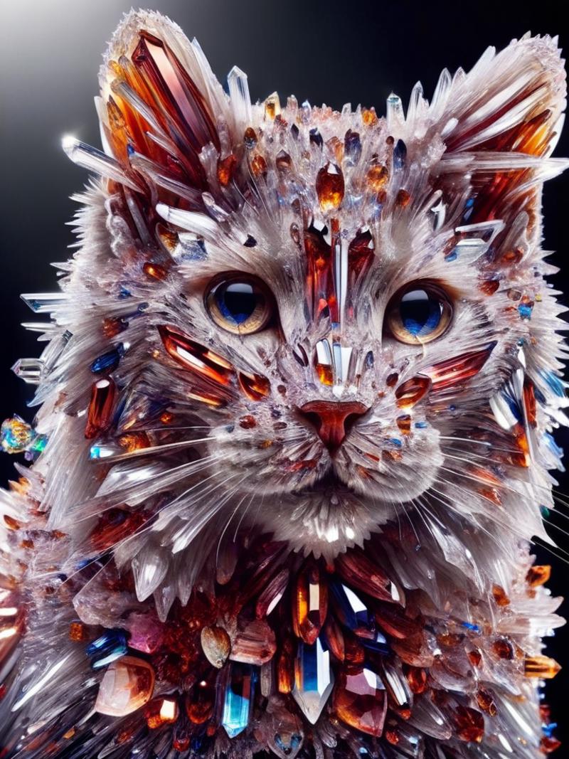 A cat with a necklace of crystals, glass, and jewels.