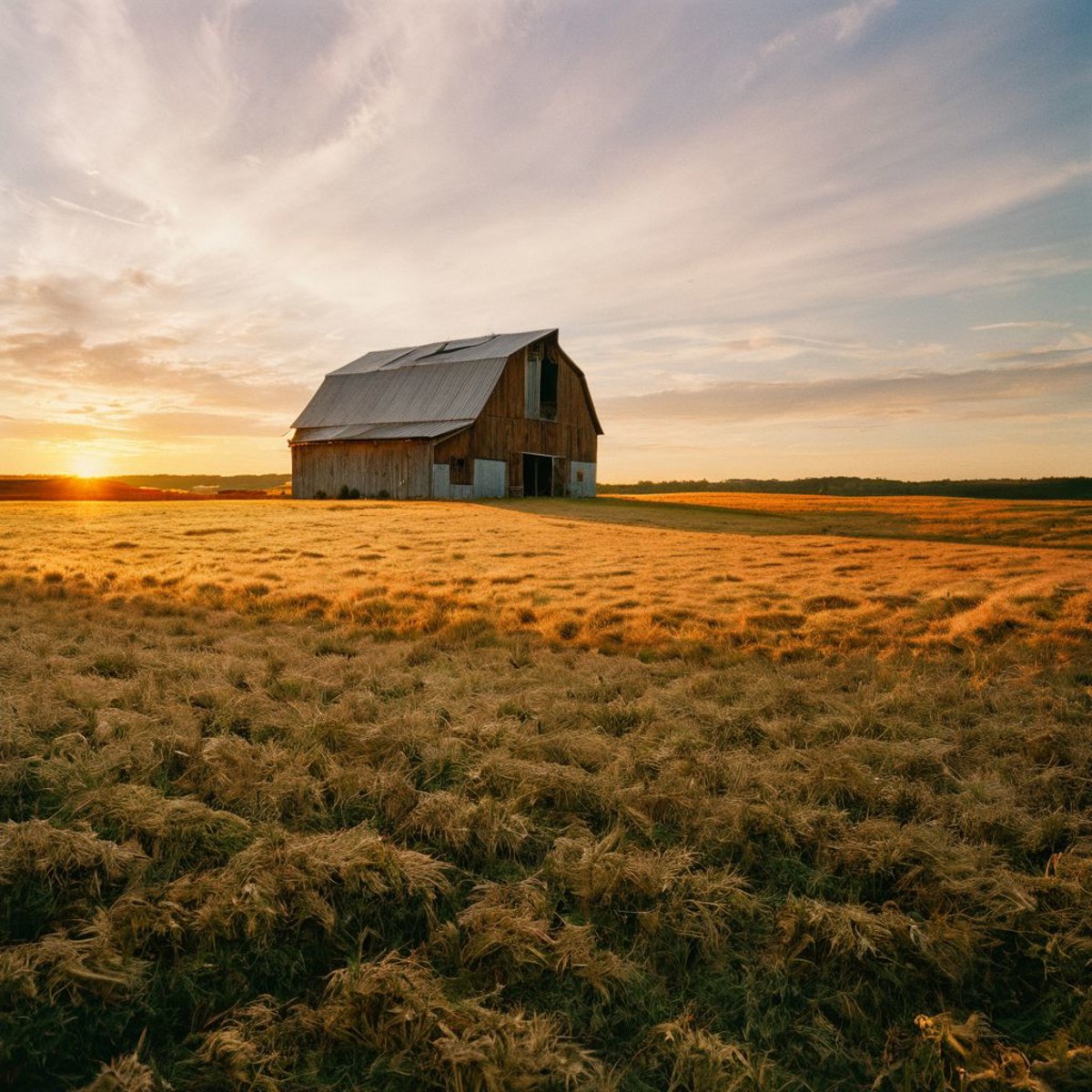 film photography style a golden field with a small barn at sunset, a few clouds, light grain <lora:FILM_PHOTOGRAPHY_STYLE-...