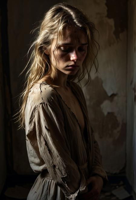 (masterpiece, emotional, HD photo:1.3), young soviet woman, natural skin, disheveled blonde hair, thin lips, delicate features, expression of sorrow, wearing tattered clothes, revealing glimpses of her nude body, barren and impoverished setting, dim lighting, emphasizing her misery and poverty, subtle but powerful emotions conveyed through her eyes, hunched posture denoting defeat, raw and poignant depiction of hardship, shadows playing, contrast between her beauty and the harsh reality, capturing a moment of vulnerability and despair with sensitivity and depth.