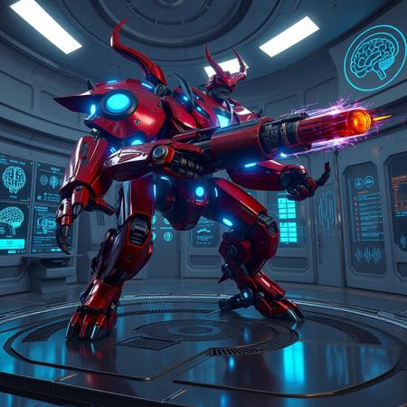 "Dynamic 3D render of Dingirsu, the Orcust of the Evening Star, a towering crimson-red mechanoid with glowing azure circuitry accents, standing in a combat stance on a sterile Brain Research Lab platform. Its hydraulic limbs are splayed aggressively, wielding a futuristic plasma cannon aimed rightward, energy coils charging with neon-blue sparks. The lab features holographic brain scans, floating data screens, and sterile titanium walls etched with biotech glyphs. Dramatic Dutch angle shot with Unreal Engine 5 realism, Octane Render textures, and Raphael-style chiaroscuro lighting. Metallic surfaces reflect holographic UI projections, while splash ink effects blend with digital glitches for cyberpunk contrast. 8K resolution, hyper-detailed armor plating, ArtStation trending, golden ratio composition, dominated by crimson and cobalt with chromatic aberration accents."
