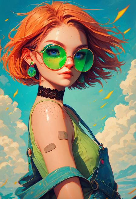 score_9, score_8_up, score_7_up, score_6_up, BREAK,
cowboy shot, looking at viewer, from side, looking back,
Copper colour hair, freckles, green tinted sunglasses, pink_sunglasses, big eyes, blue eyes, short hair, black lace choker, plaster on face,
parted lips, round eyewear, big eyes, parted bangs, shiny skin, big_earrings, earrings, head tilt, light smile,
sunlight, sparkle, detailed_skin,
overalls, green sports-bra, striped, (clothes pull:1.1), arched back, sleeveless,
blue sky, wind,
chromatic aberration, film grain, realistic,
<lora:xl_more_art-full_v1:0.45>,
 <lora:Psychedelic_Stylized:1>