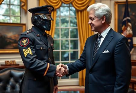 classic cobra commander in an immaculate military dress uniform posing for photo shaking hands with president clinton of the united states in sharp suit inside the oval office, real photograph, infusion of gi joe and ww2 german style, photorealistic, correct hands, correct fingers, presidential seal, vote button, campaign photo, election, elegant scene