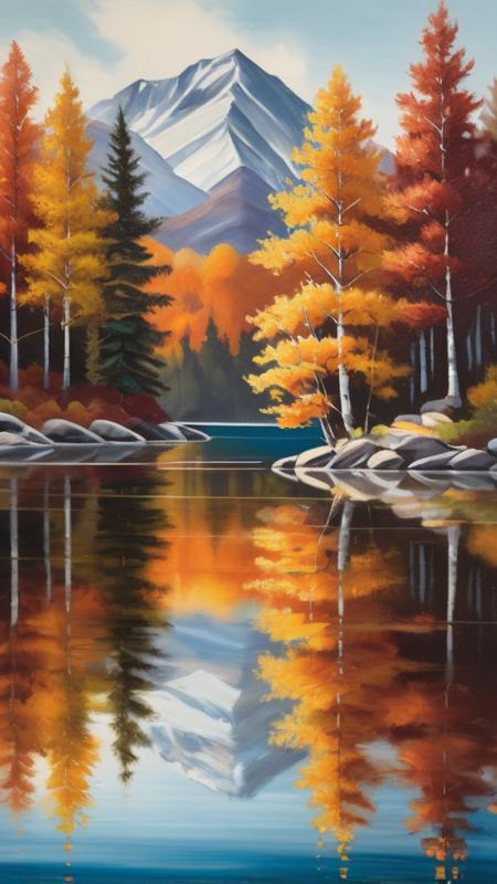 A meticulously rendered oil painting of a serene mountain lake in autumn, showcasing the rich, warm hues of the deciduous trees mirrored in the still, glass-like water.