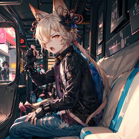 <lora:kou_granblue:.75> Kou, 1boy, japanese clothes, hair ornament, tail, hair over one eye, from side, looking at viewer, neon, underground, cyberpunk, indoors, subway, sidelit, leather jacket, pink shirt, jeans, sitting down, spikes bracelet, gloves, open mouth, impatient, angry