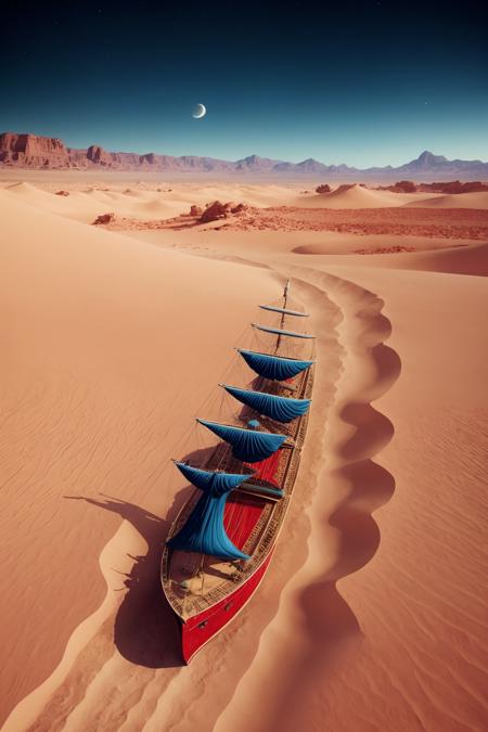 scene from a surreal dream, a mighty ornate ship sailing the desert sands, red and blue color theme, epic, dramatic