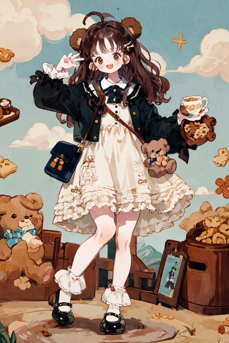 best quality, masterpiece, extremely detailed, detailed background, 1girl, brown hair, animal ears, long hair, solo, stuffed toy, bear ears, brown eyes, stuffed animal, teddy bear, shoes, socks, food, mary janes, smile, open mouth, long sleeves, full body, black footwear, frilled socks, standing on one leg, cookie, frills, bag, dress, cup, standing, teacup, brown socks, ahoge, bow, bangs, wavy hair, simple background, blush, frilled dress, shoulder bag, :d, sunlight, scenery