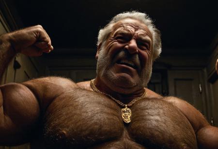 (photo, realistic, raw), (nighttime, at night, dark, dark hard shadows, cinematic atmosphere, movie grain, hazey atmosphere), closeup from below, ( brute, etherial, spiritual, emperor, king, god), old burly buff gentleman, old manly mature man, combed back hair,  doublechin, old hairy tanned grandpa, wrinkly neck, hairy chest, proud big hairy chest, thick neck, hairy armpits, tanned skin, tight golden spandex, gold jewellery, gold necklace, in a dark locker room at night, nighttime, arrogant disgusted disappointed smile, intimite situation, romantic atmosphere, stern, serious, angry, sad expression,