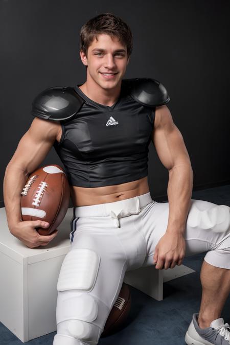 professional photo of sc_brandon <lora:sc_brandon_cleancut-08:0.75> posing as a sexy football player, arms crossed, simple background, studio lighting, smile, photo taken by Rick Day, homoerotic, bulge, sports illustrated <lora:Clothing - Sexy American Football Player:0.3> handegg, helmet, shoulder armor, jockstrap/pants, holding ball, knee pads, sneakers