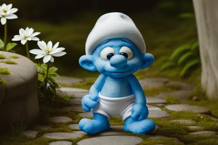 a photo of a tiny smurf (Smurfling:1.0) with a white hat and white pants and white shoes on and a blue face and arms, in a fantasy forest at night, sitting on a cobble stone wall, holding some flowers in it's hand