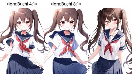 masterpiece, best quality, masterpiece,<lora:Buchi-4:1>, Buchi, 1girl, solo, white background, simple background, 
skirt, school uniform, pleated skirt, shirt, short sleeves, serafuku, white shirt, white sailor collar, sailor collar, blue skirt, blue neckerchief, neckerchief, 
red eyes, smile, long hair, closed mouth, bangs, hair between eyes, twintails, brown hair, brown eyes, collarbone, 
steepled fingers, blush, looking at viewer