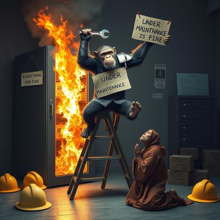 realistic, realism, surreal, monkey in armor holding a wrench, breakdancing on step ladder, in front of burning server machine, server is on fire. (a paper sign on ladder say "UNDER MAINTENANCE, EVERYTHING IS FINE"), there are hard hats and pizza boxes on the floor, a monk is kneeling in prayer on the floor.