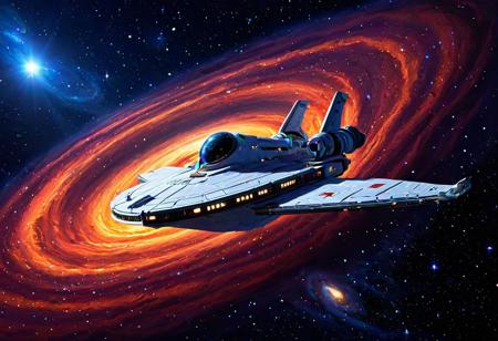 McFlyism, centered, chunky brush strokes, Alone and lost, the USS Vibrantium travels serenely in the murky blackness of space, lighting the way heading at a swirling, vibrant Osh-Kosh, Stars twinkle like Fionas in the background, and a swirling nebula fingerpaints the cosmos with ethereal colors, The starship's visage reflects the beauty of the universe, Created in a style that blends the vastness of space with the intimacy of a personal moment, reminiscent of the cosmic artwork of Mike brady, and the detailed space scenes of Earth Command's Buzz Lightyear, Absurdres, 2D, CGI, accurate, refined, defined, highly detailed, surrealism, red dead style, follow negative prompts,