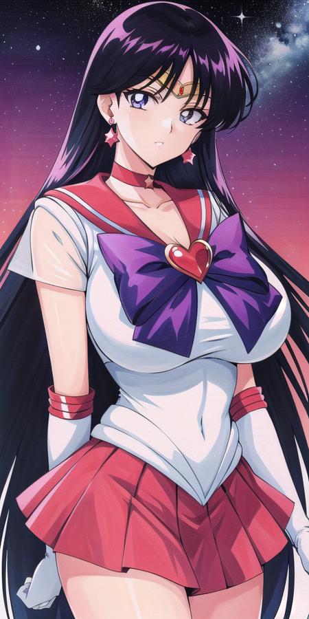 hino_rei, huge_breasts, standing, solo, White_leotard_Red_sailor_collar_Red_miniskirt_White_gloves_Red_high_heels_Star_choker_Purple_bowtie_Red_back_bow_Circlet_Heart_brooch_See-through_sleeves, <lora:HinoReiV9:0.7>, starry_sky,, masterpiece, best quality, detailed face, detailed eyes, highres,