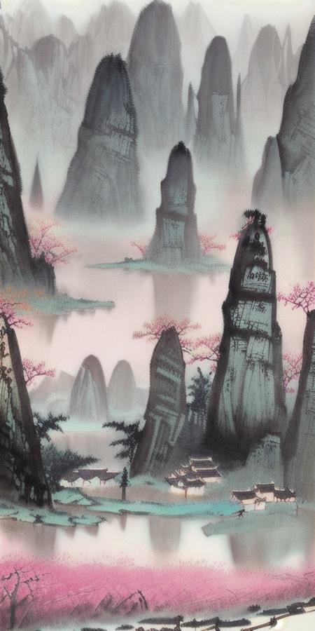 UIASM,Ink painting, children, Chinese architecture, lake, algae, hibiscus, distant mountains, moon, in autumn, a tree with pink flowers blooming, islands, boats, on terraces, green trees, blue sky<lora:UIASM2.0:1>