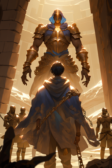 (fkey), particle effects, bloom, cinematic lighting, expert shading, depth of field, best quality, illustration, highly detailed, assyrian, [egyptian], (chainmail), 1boy, warrior, (faceless:1.5), fkey, (sfw),scales, bronze, hood, [cloak], tassels, visor