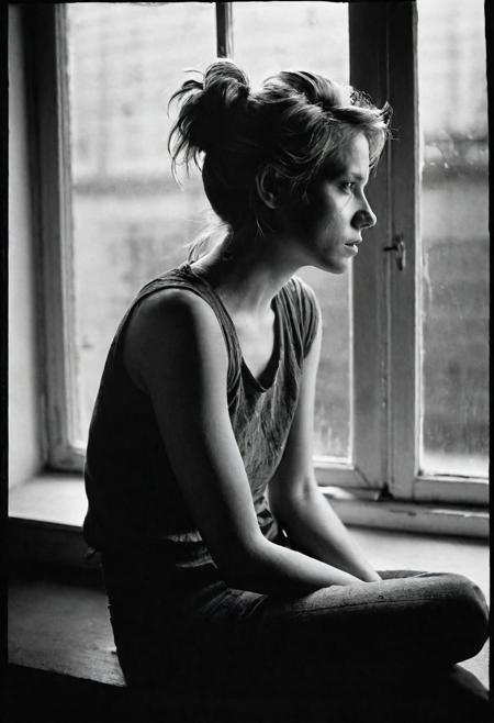 German woman 30 years old sitting in front of a window, low light, medium shot from side, 1990 hairstyle and look, dark mood, ilford hp5 plus 400, medium format camera,shadows,  damaged print, faded, film grain ,vignette, high contrast