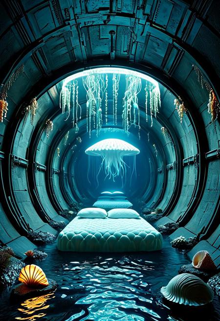 a subterranean cavern, accessed via a concealed entrance somewhere within the concrete jungle of a modern metropolis. Descending a spiraling staircase carved from solid limestone, one finds oneself standing at the base of a tremendous monolith of polished basalt, roughly the shape of a giant clam shell.
Upon this megalith reposes a plush mattress, layered with silken sheets printed with intricate designs resembling scallops and fan shells. Plump pillows embroidered with pearl-thread motifs invite weary visitors to sink into luxurious repose.
Overhead, luminaires shaped like pulsating jellyfish emit a mesmerizing kaleidoscope of color, shifting gradually through the spectrum from cool blues to warm amber hues. Their light filters down through the watery medium of the aquarium tanks lining the walls, causing schools of exotic fish to swim languidly among coral formations imported from the reefs of the South Pacific.
Through arched portholes framed in mother-of-pearl, one catches tantalizing glimpses of the teeming streets and skyscrapers of the city above, their steel-and-glass facades reflecting the dancing illumination of the submerged boudoir.
concept-art, digital, dreaminess, futuristic, eeriness, fantasy, other-worldliness, sci-fi style, technological, alien worlds, space themes, advanced civilizations, 
best quality, masterpiece, aesthetic, highly detailed, absurdres, unreal engine, octane rendering, vivid, vibrant, 
tunnel, sewer tunnel, reflection, creepy, dark, dirty,