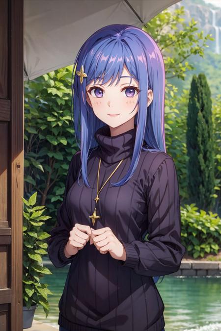 maha, blue hair, long hair, purple eyes, hair ornament,  turtleneck sweater, purple sweater, white belt, necklace, white dress, puffy short sleeves, white gloves,