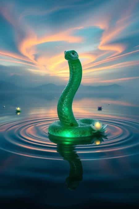 jade_snake. A surreal image of a jade snake rising gracefully from a still, mirror-like lake at dawn. Its body appears semi-translucent, glowing with green and aquamarine hues, as if sculpted from living jade. Ripples form around it, reflecting the snake’s shimmering body and a surreal, multicolored sky. The scene is otherworldly, with floating lotus flowers glowing faintly and distant mountains blending into the mist. The snake’s gaze is hypnotic, drawing the viewer into its ethereal world.