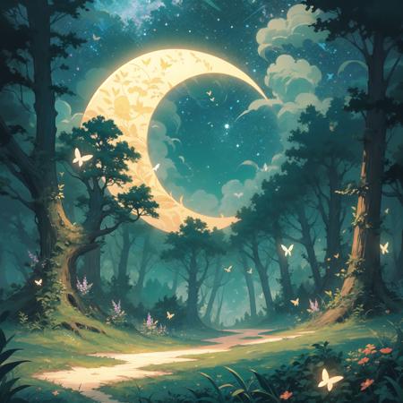 tsukimi, green theme, tree, nature, scenery, crescent moon,  no humans, night, sky, forest, outdoors, grass, star (sky), flower, cloud, bug, night sky, butterfly, starry sky <lora:tsukimi-000007:1>