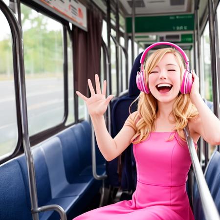 portrait512 of Laugh512 a pretty woman sitting on a bus wearing headphones and a pink dress, alone, shy