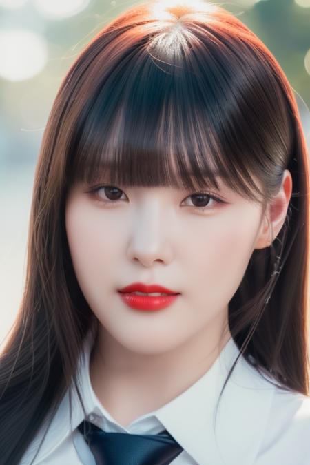 (black hair,bangs:1.2),<lora:kep1erChaehyunV2:1>,Chaehyun,(close-up photo:1.2),(pov:1.1),korean, woman,complex 3d render ultra detailed,(smile:1.2), portrait of beautiful woman, moody portrait, striking features, beauty, intricate details, dramatic composition, tension, contrast, texture, realism, high-quality rendering, stunning art, high quality, film grain, Fujifilm XT3,swirly bokeh,(realistic, photo-realistic:1.3),RAW photo,physically-based rendering,(looking at viewer:1.4),(8k, best quality, masterpiece:1.2),(full body shot:1.1),octane render,extremely detailed CG, unity 8k wallpaper,in street,urban,(studio soft light,rim light,night view:1.2),standing,(a girl is wearing collared shirt,tie:1.5),hyper realistic detail shiny skin,ultra detailed,(ultra realistic:1.1),(intricate:1.2),(photorealistic:1.1),1girl,(skinny:1.3),detailed background,red lips