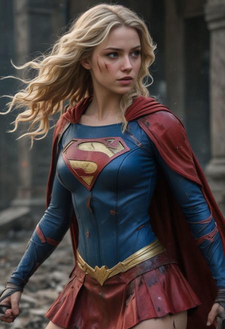 High resolution ultra-realistic of beautiful Supergirl with wavy blonde hair, Greg Rutkowski, Intricately Designed Handsome dirty bloody face, Realistic beautiful blue eyes, Atrractive 21 years old woman, clad in intricate dirty torn combat costume, red mini skirt, blood-smeared, DC Comics elements, Standing on the battlefield in the bloody carnage, burning ruins of buildings, fighting pose, full body, Intricately Designed combat costume, 8K, ultra-realistic body, Beautiful Warrior Supergirl with wavy blonde hair, realistic dirty and bloody face, realistic beautiful blue eyes, defiant and seductive, covered in dirt and blood, Cinematic Lighting, sharp focus, digital painting, Photograph Taken on Nikon D750, Alphonse Mucha, 8K, athletic figure, Hyperdetailed, hyperrealism