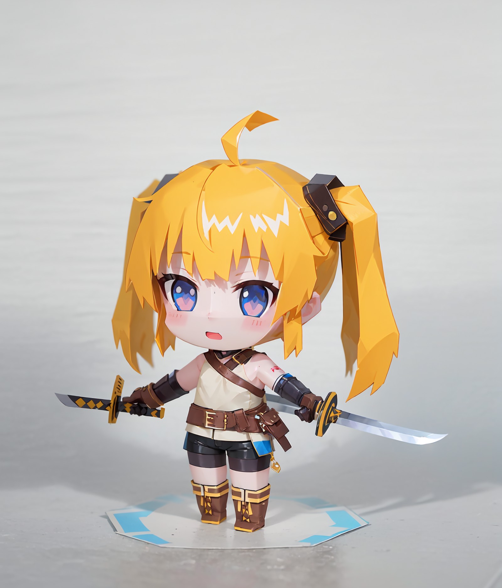 (Highest picture quality),(Master's work), papercraft, 1girl, chibi,solo, weapon, blonde hair, sword, twintails, long hair...