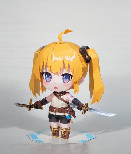 (Highest picture quality),(Master's work), papercraft, 1girl, chibi,solo, weapon, blonde hair, sword, twintails, long hair, holding, boots, white background, holding weapon, full body, simple background, holding sword, gloves, looking at viewer, bike shorts, bare shoulders, shorts, off shoulder, fingerless gloves, belt, dress, bangs, black shorts,  ahoge, brown footwear, floating hair, closed mouth, petals, long sleeves, sheath, black footwear, black gloves