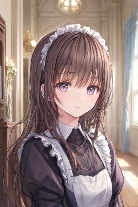 masterpiece, best quality, 1girl, brown hair, long hair, maid, indoors, portrait, <lora:kinugamini32:0.9>