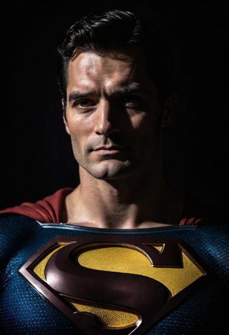 Close-up, (SUPERMAN ), grim smile, relaxed pose, portrait movie shot, serious, menacing, chiaroscuro style photo, dark background, minimalism, dramatic lighting, professional quality, dull highlights and shadows, natural and   original, laser eyes