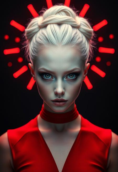 symmetrical front view, medium shot, dark photo, a evocative medium shot of a beautiful albino woman, beautiful makeup, ballet dancer bun hairstyle, futuristic red clothes